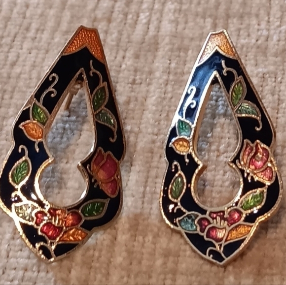 Gold Tone Cloisonne Enamel Earrings - Picture 6 of 9